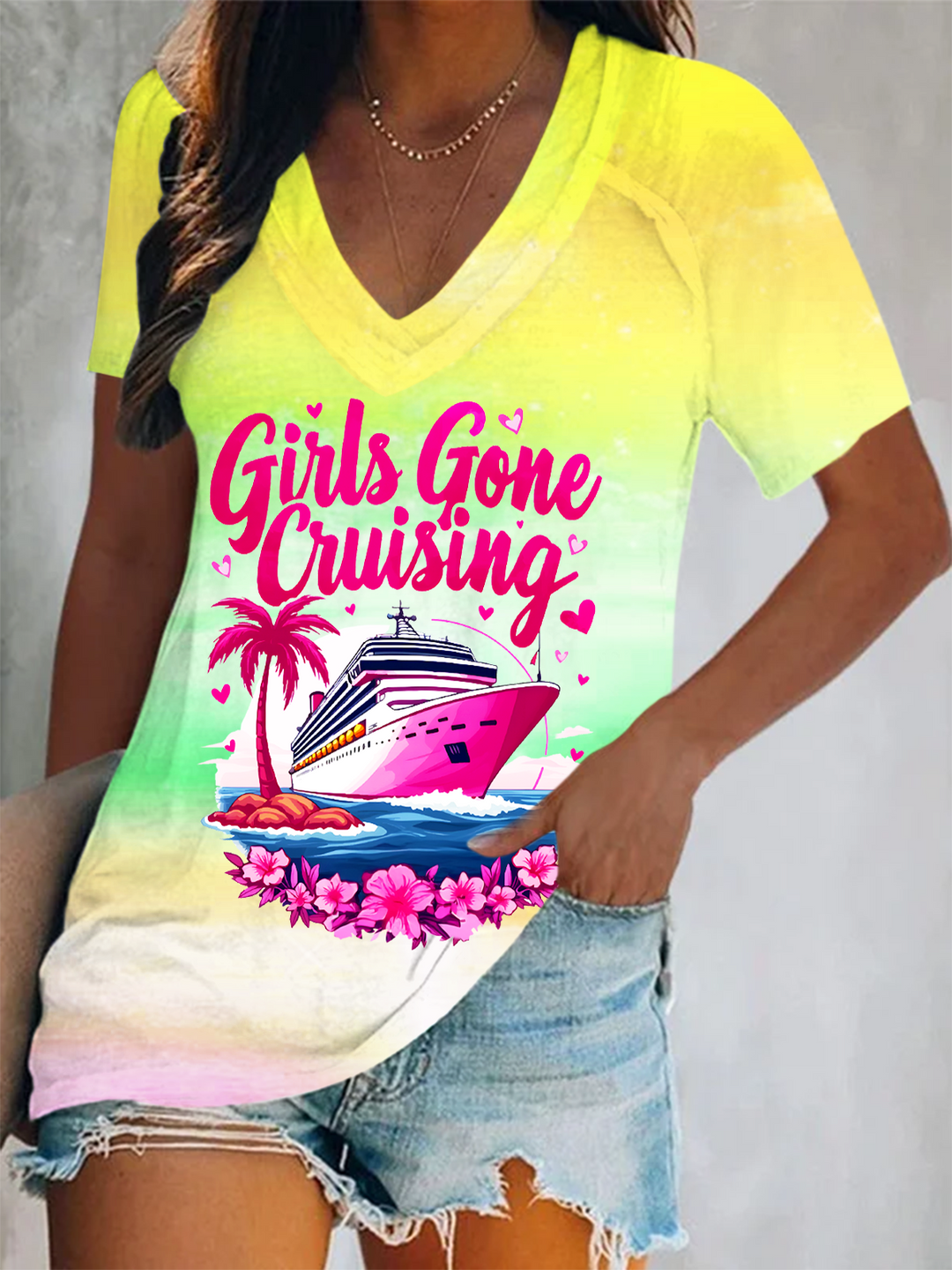 Girls Gone Cruising  Short Sleeve V Neck Print Top