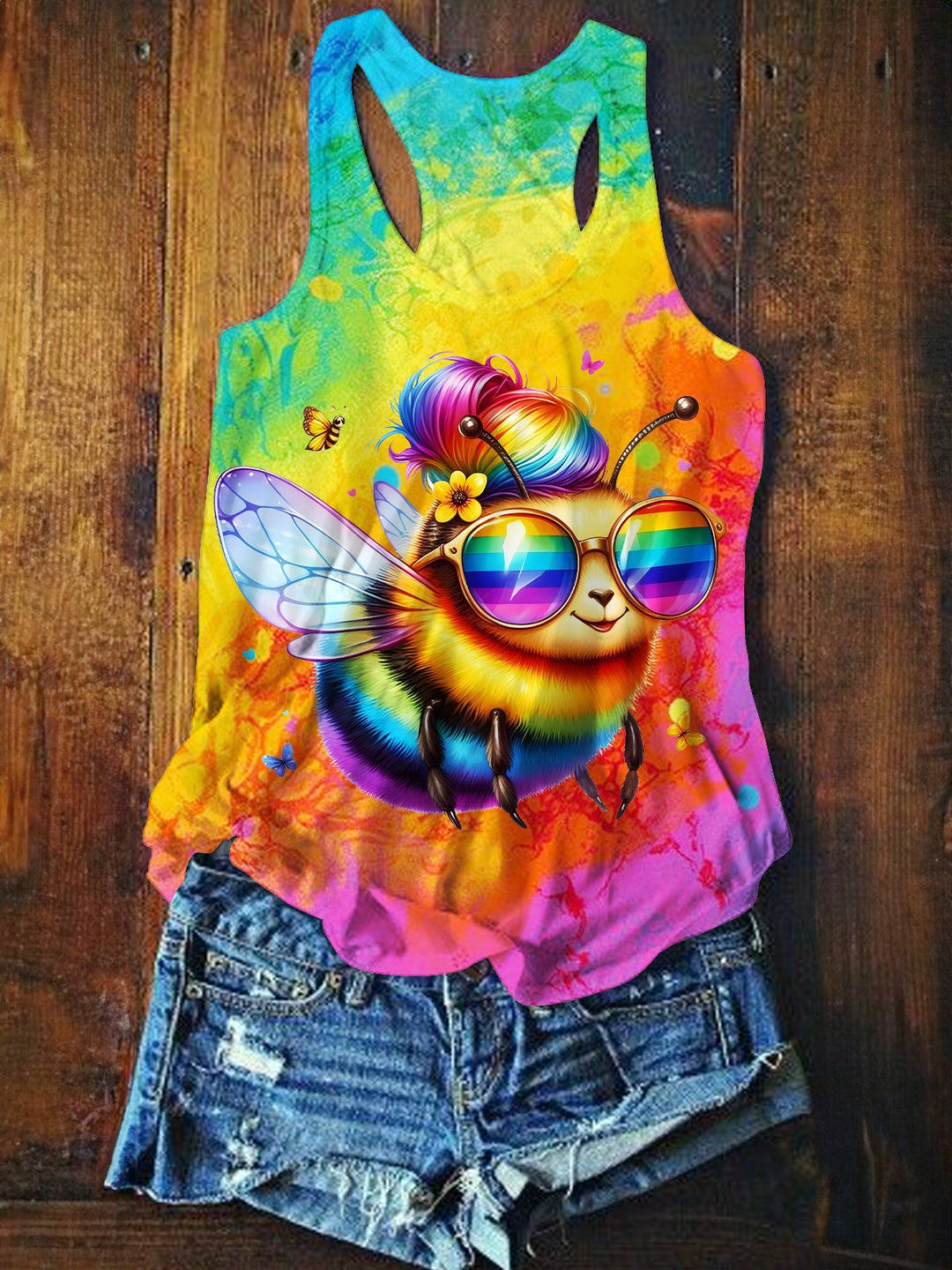 Colorful Tie Dye Hippie Rainbow Bee Printed Casual Tank Top