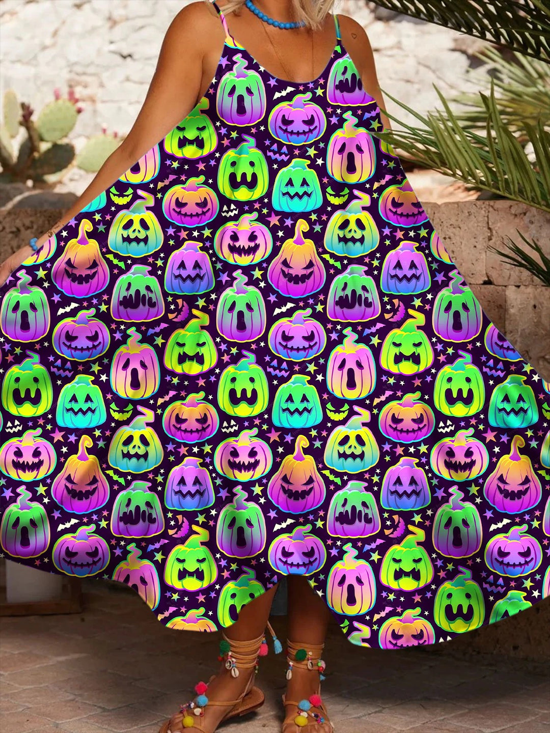 Women's Abstract Funny Pumpkin Art Printed Casual Spaghetti Strap Dress