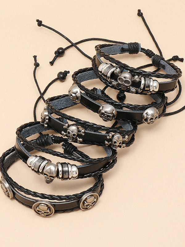 Handmade Beaded Skull Leather Bracelet