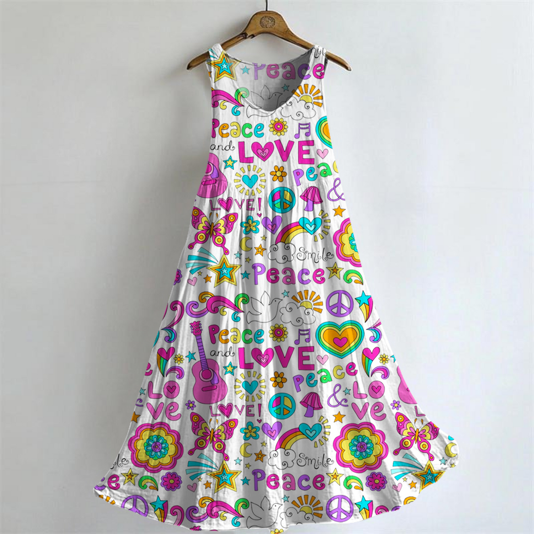 Women's Peace And Love Hippie Art Print Sleeveless Dresses