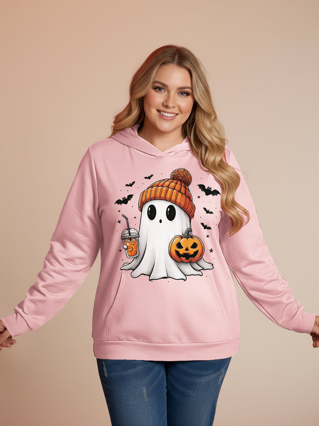 Halloween Cute Ghost Print Solid Hoodie