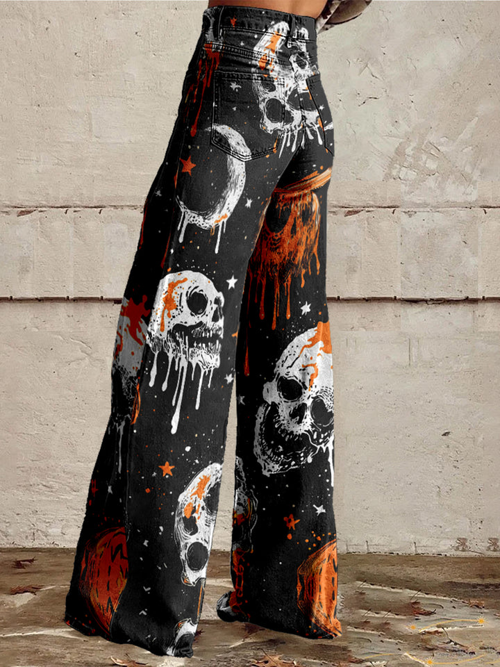 Women's  Hallloween Skull Cotton Flared Jeans Pants