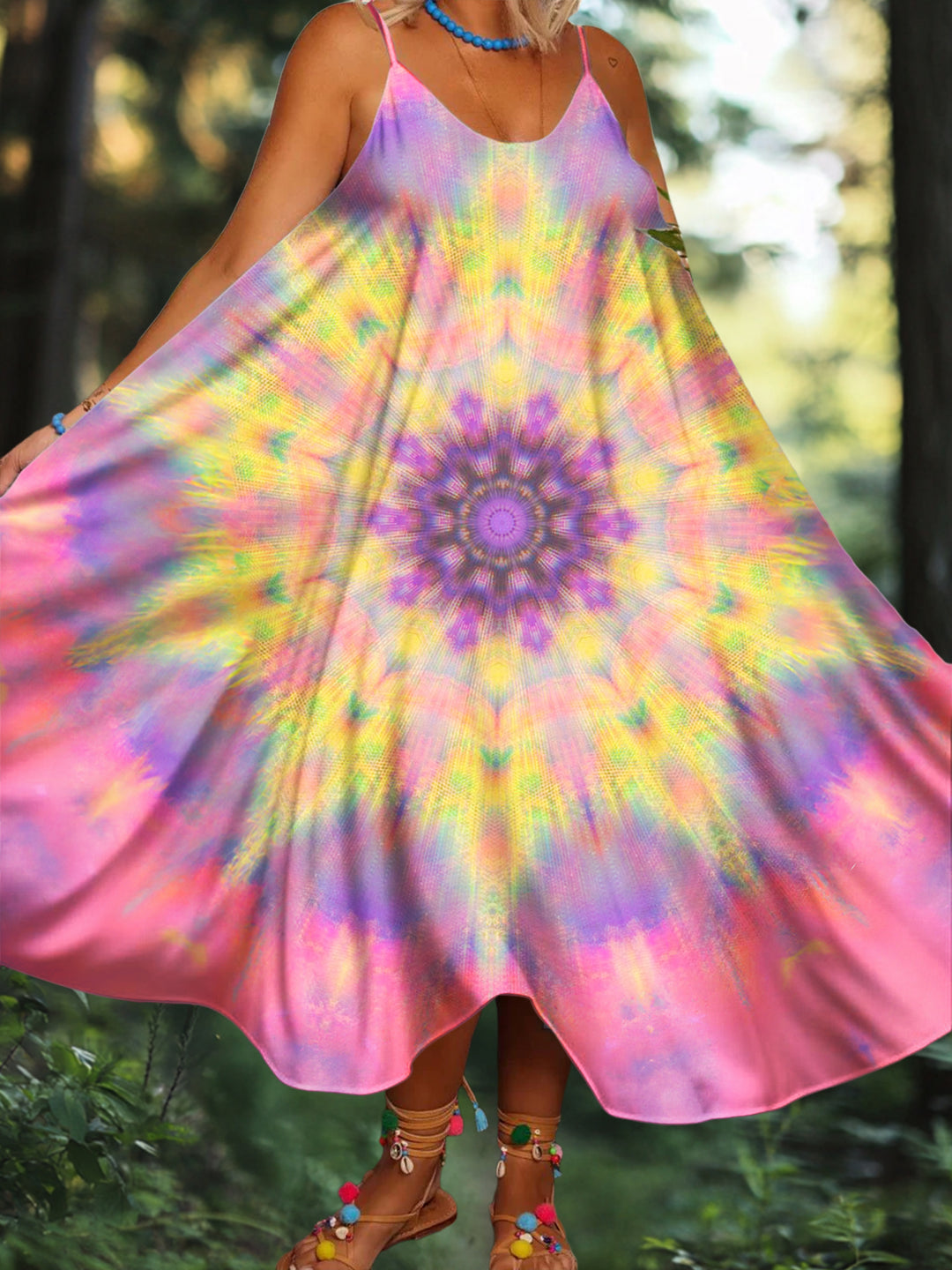 Women's Tie-Dye Gradient Kaleidoscope Art Printed Casual Spaghetti Strap Dress