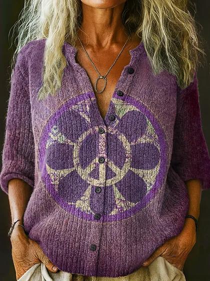 Women's Hippie Pattern Art Print Button-Up Cardigan Sweater