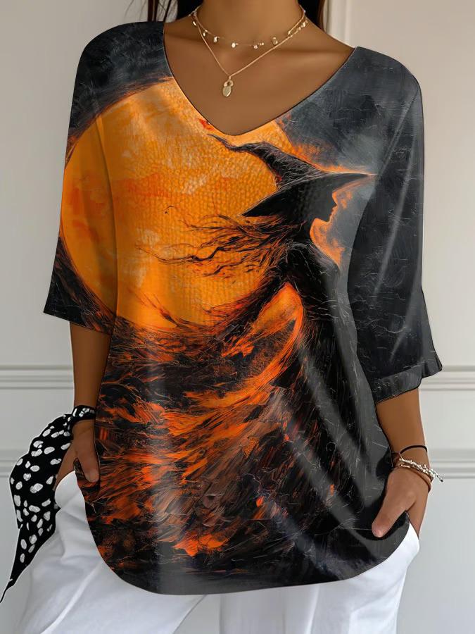 Halloween Witch Ladies Loose 3/4 Sleeve Top