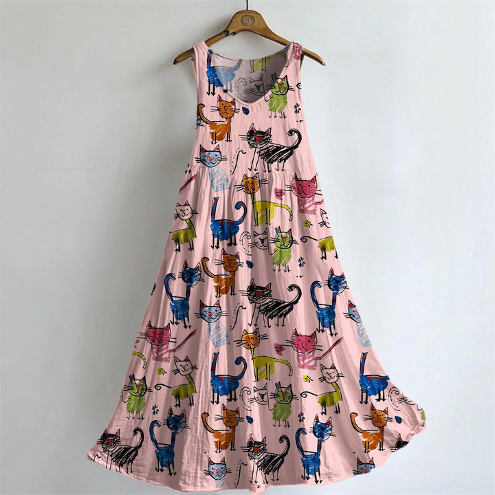 Women's Colorful And Fun Cat Art Print Sleeveless Dresses