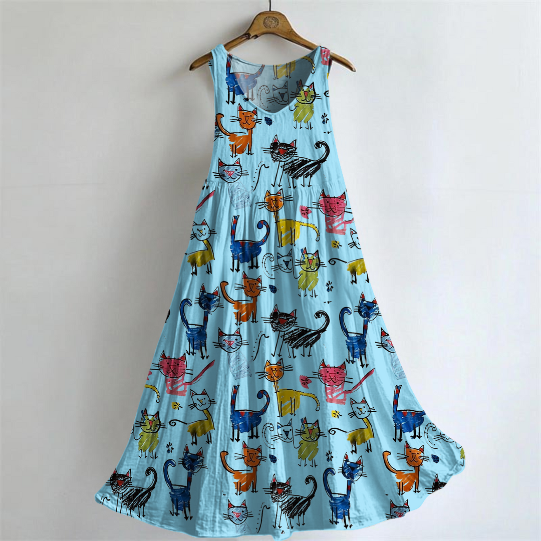 Women's Colorful And Fun Cat Art Print Sleeveless Dresses