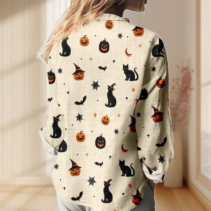 Women's Halloween Black Cat Pumpkin  Print Casual Shirt