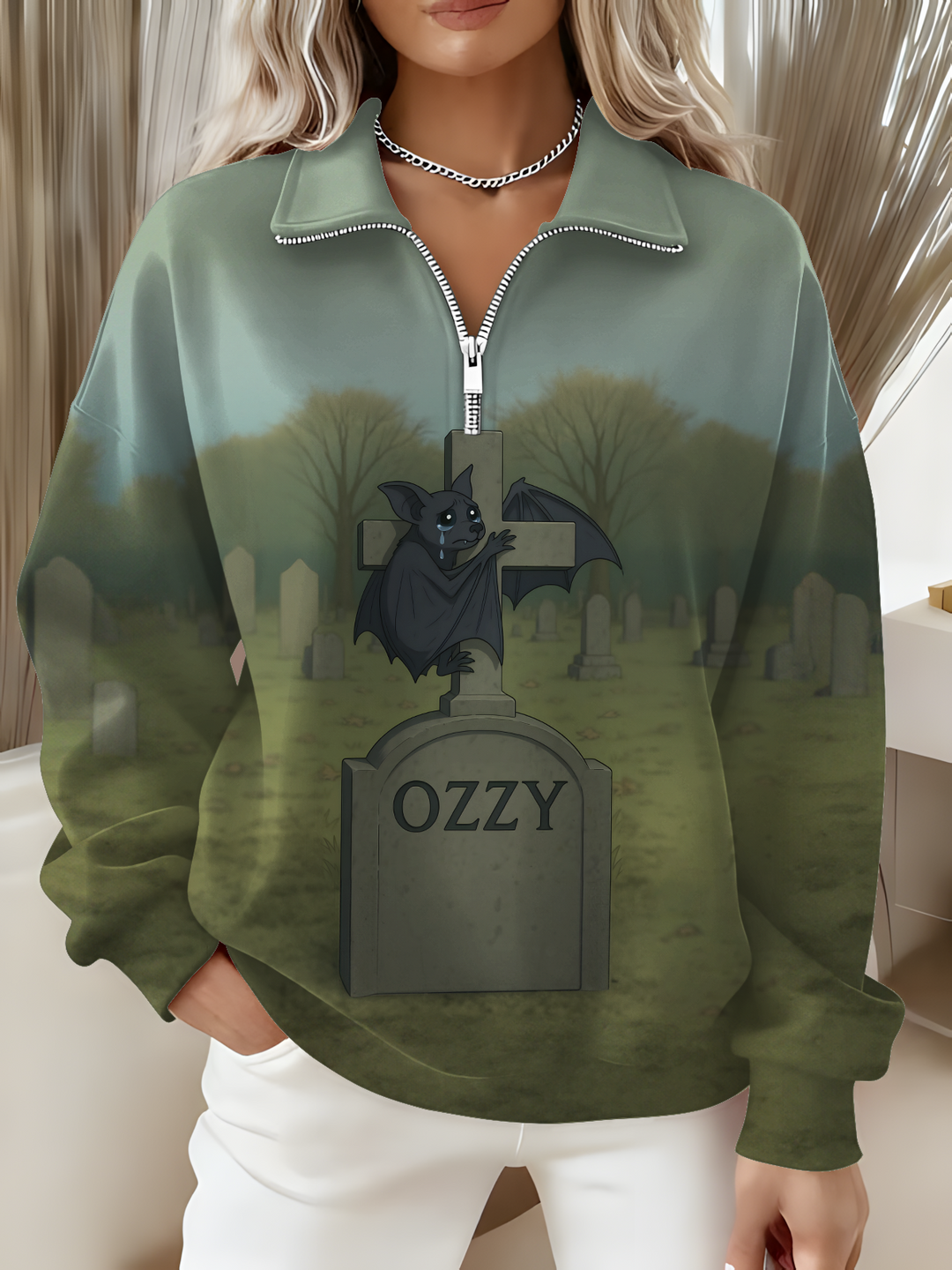 Women's A Tribute To Ozzy Osbourne Jesus Long Sleeve Zipper Sweatshirt
