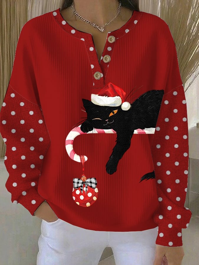 Christmas Cat Knitted Button Long-Sleeved Top