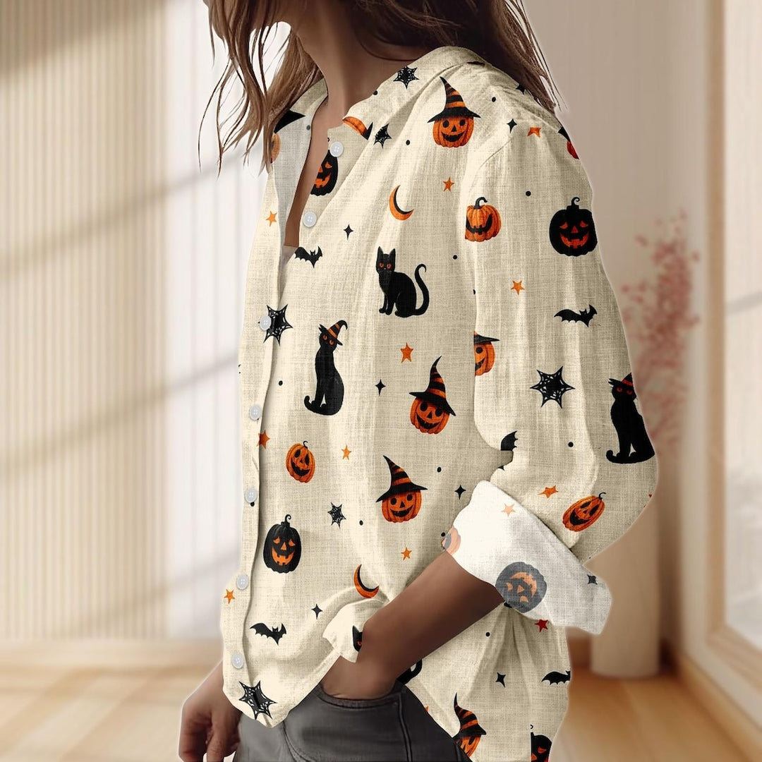 Women's Halloween Black Cat Pumpkin  Print Casual Shirt