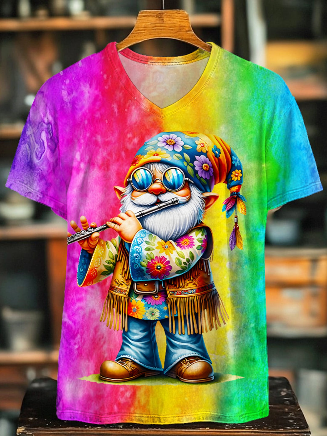 Colorful Hippie Floral Music Gnome V-neck T-Shirt