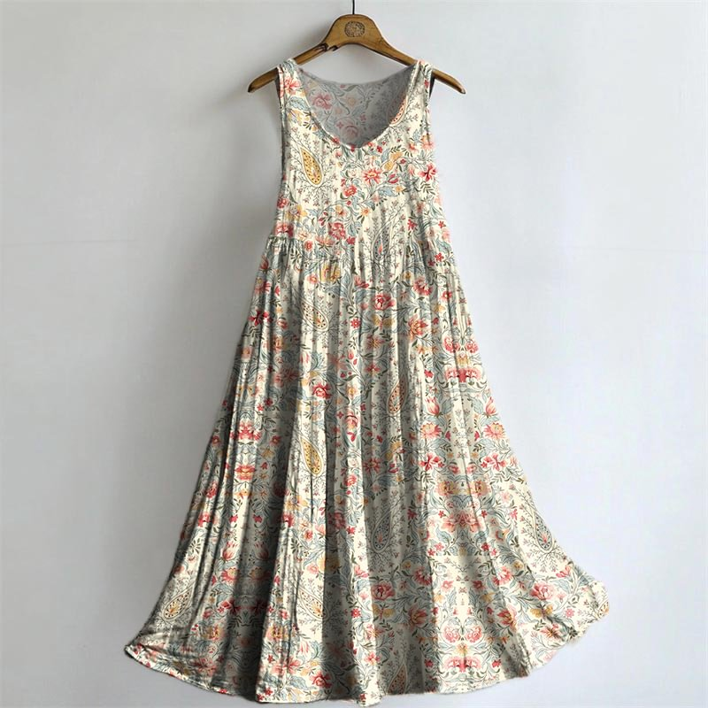Vintage Hippie Paley Pattern Art V-neck Bamboo Linen Sleeveless Dress