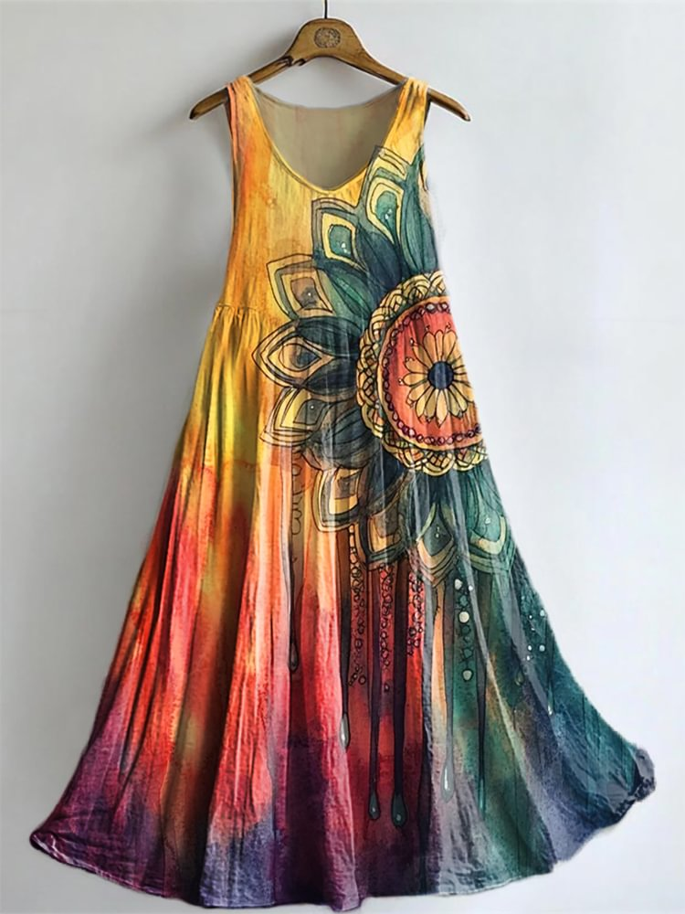 Women's Vintage Colorful Mandala Art Print Sleeveless Dresses