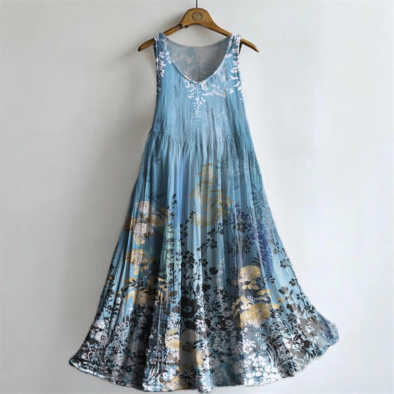 Vintage Hippie Blue Floral Art V-neck Bamboo Linen Sleeveless Dress