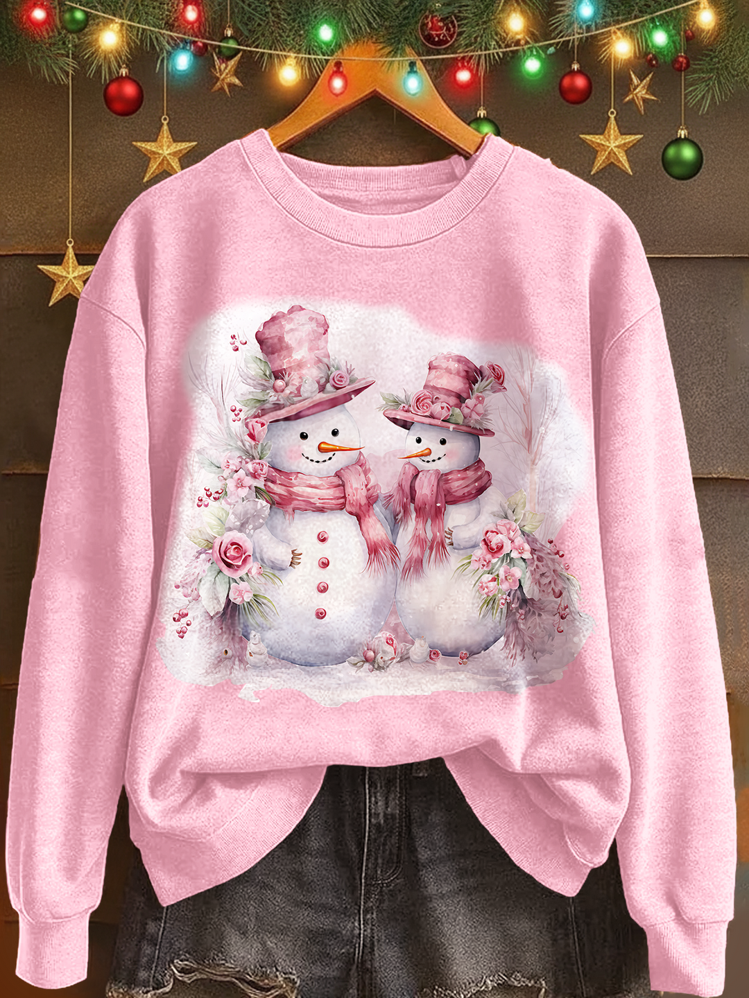 Winter Pink Snowman Printed Long Sleeve Casual Top