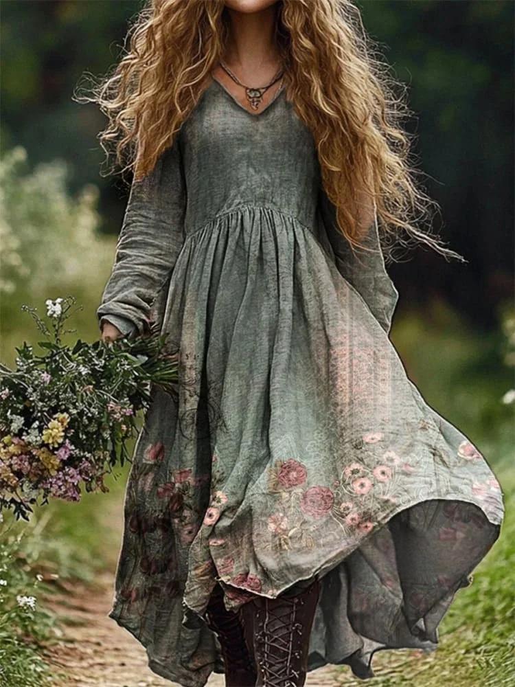 Women's Retro Boho Floral Art Pattern Print V Neck Pocket Cotton Dress