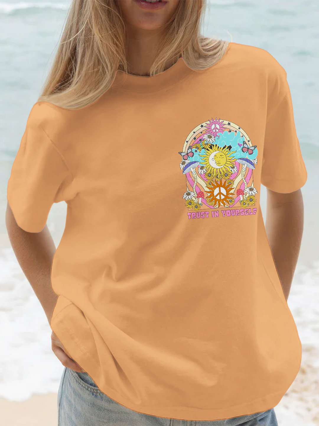 Vintage Sun Peace Hippie Art Crew Neck T-shirt