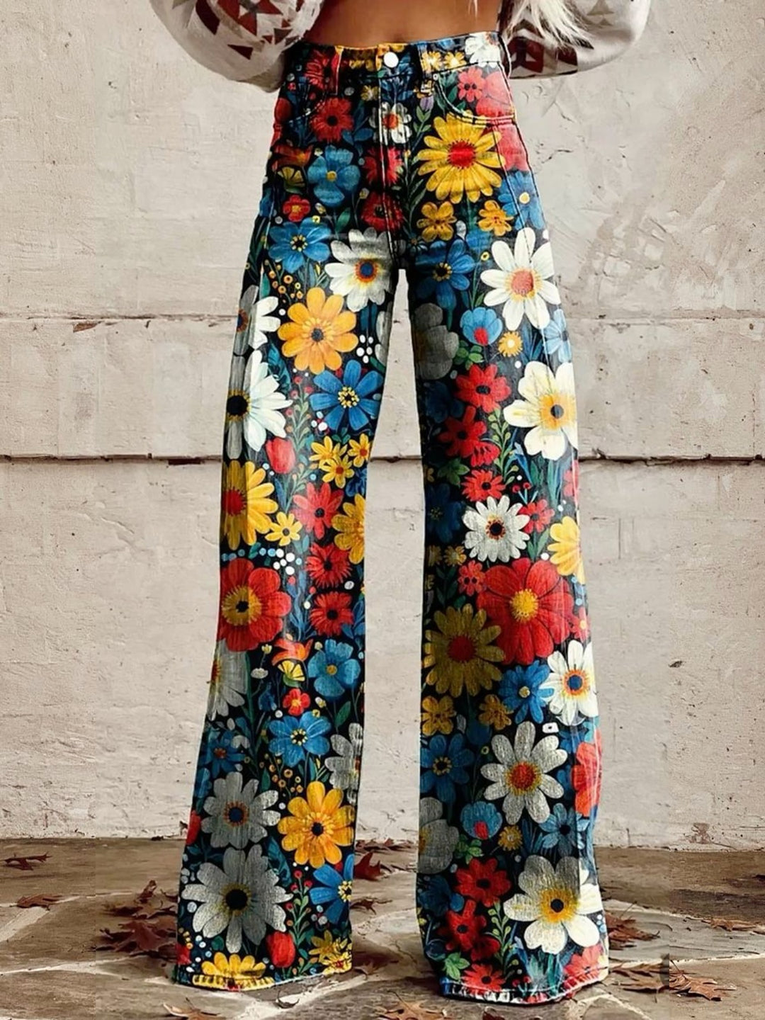 Vintage Hippie Flower Art Women's Cotton Flared Jeans Pants