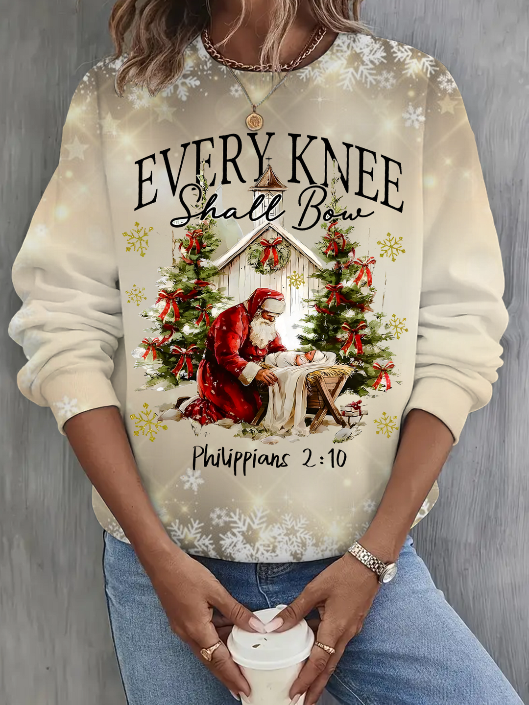 Christmas Every Knee Shall Bow Printed Long Sleeve Casual Top