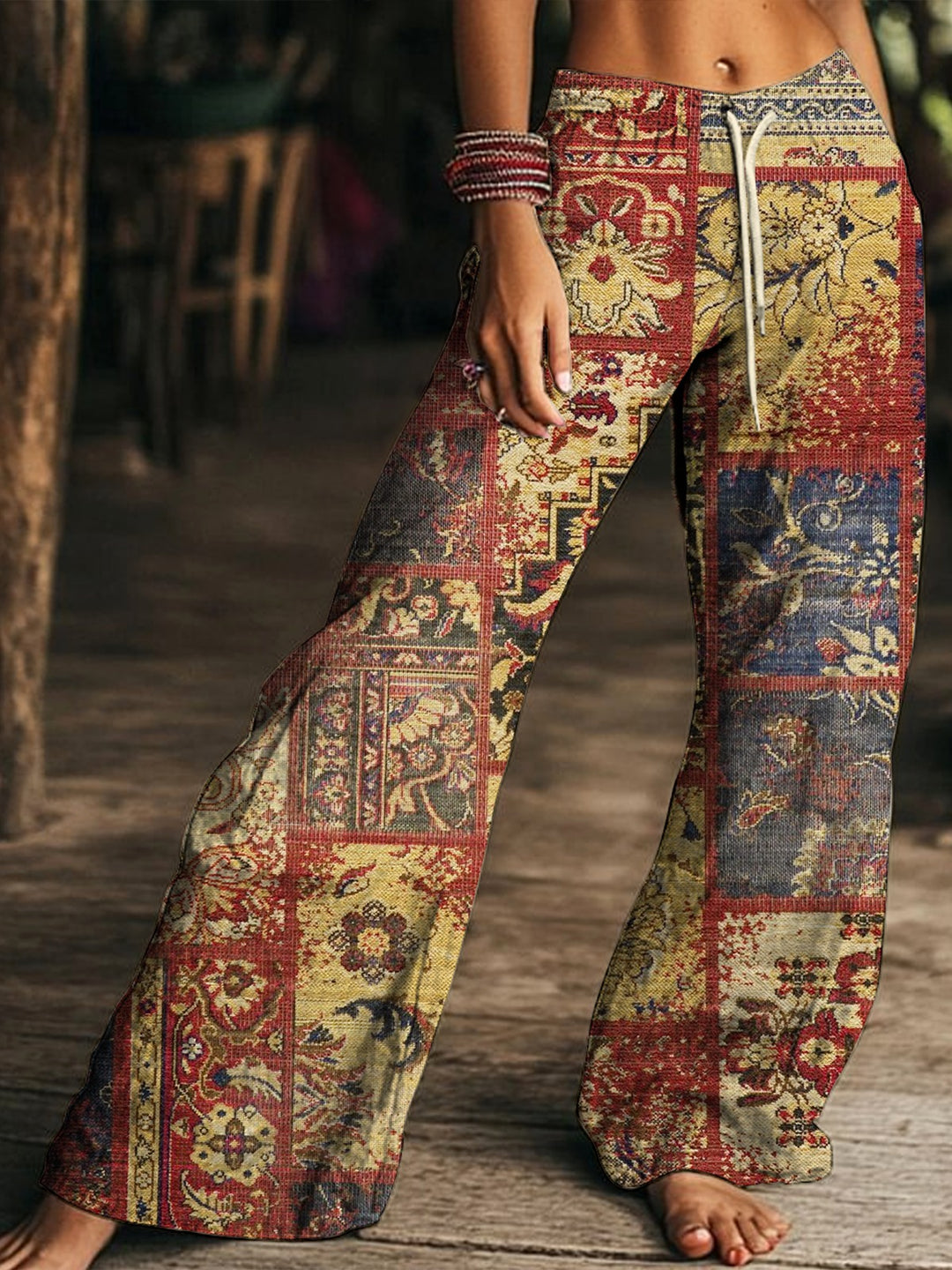 Retro Ethnic Totem Collage Art Women's Drawstring Wide-Leg Pants