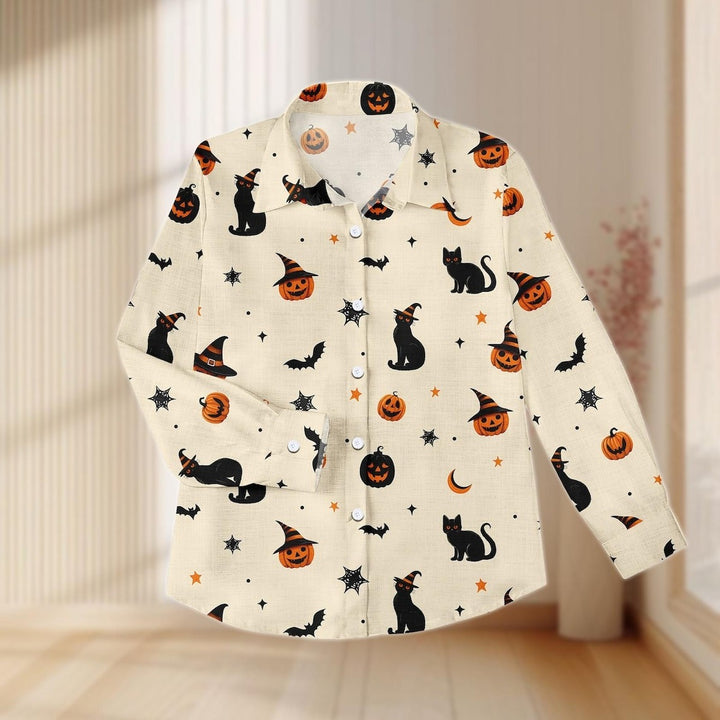 Women's Halloween Black Cat Pumpkin  Print Casual Shirt