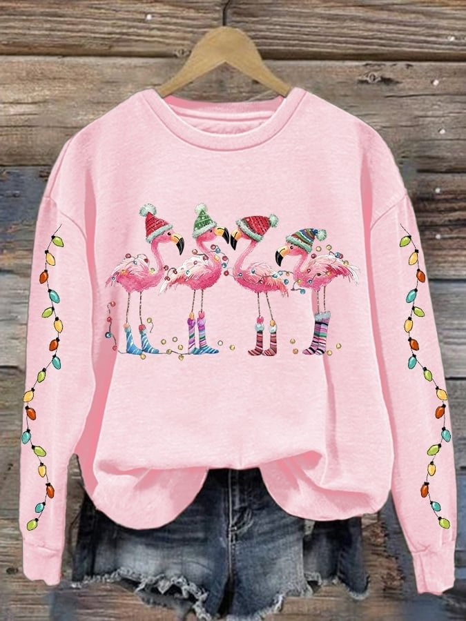 Women's Christmas Flamingo Print Long Sleeve Casual Top
