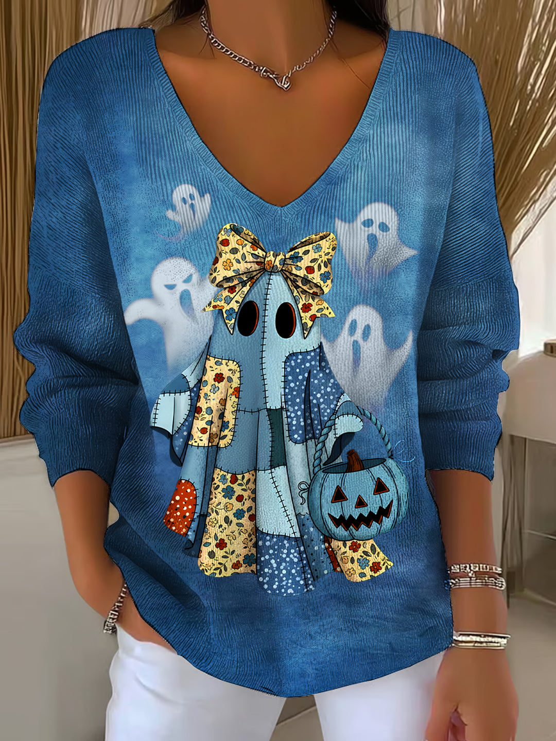 Halloween Cute Ghost Casual V Neck Pullover Sweater