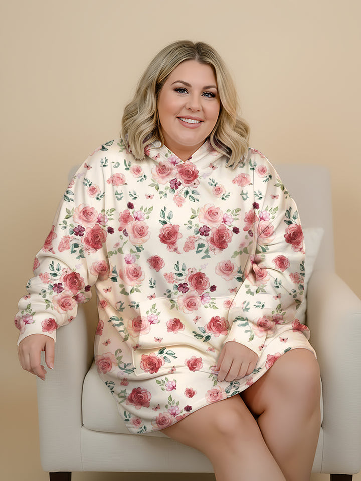 Pink Rose Long Sleeve Long Hooded Loungewear Top