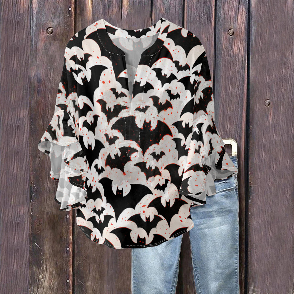 Vintage Halloween Bats V-Neck Lace Shirt
