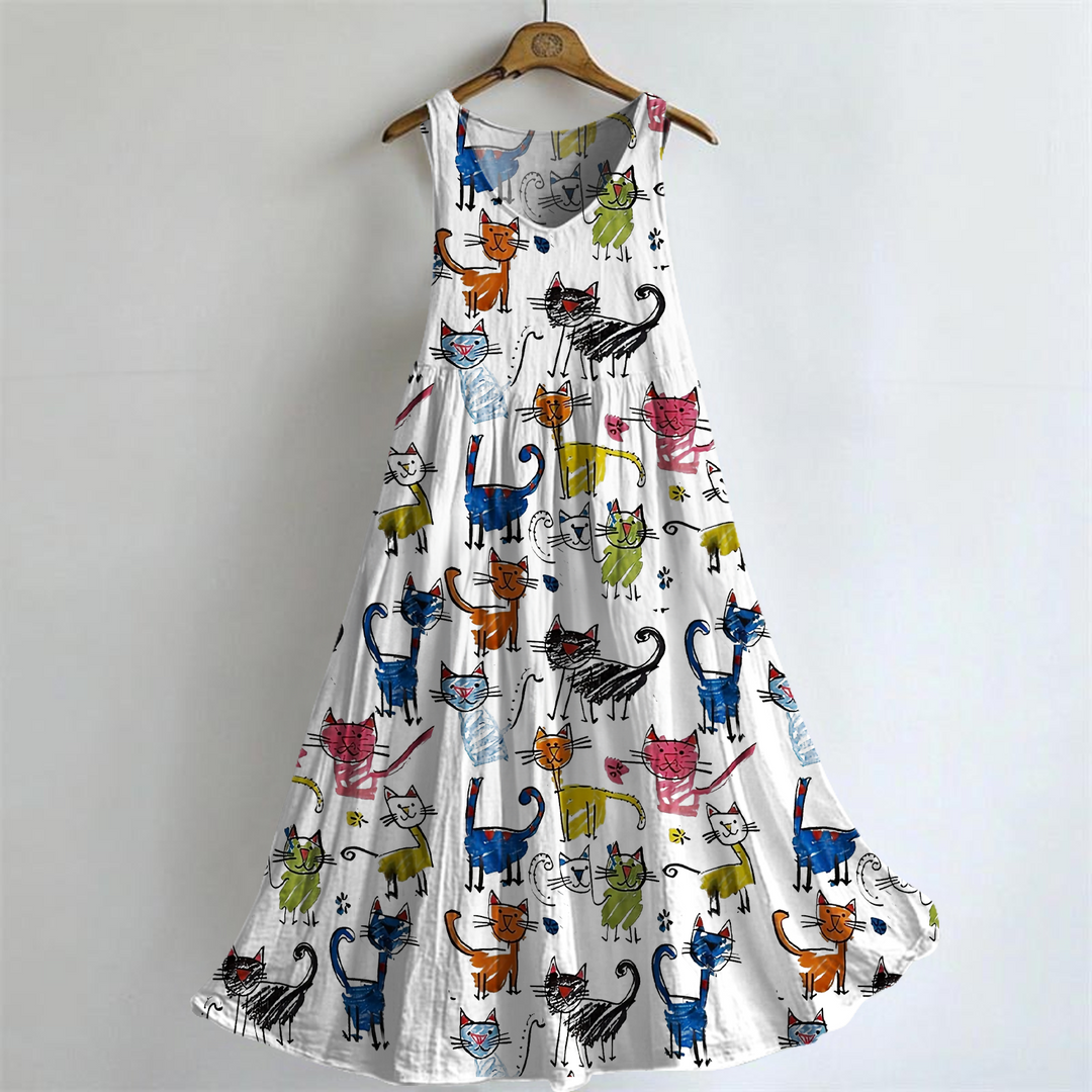 Women's Colorful And Fun Cat Art Print Sleeveless Dresses