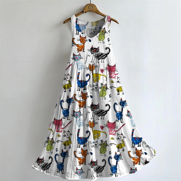 Women's Colorful And Fun Cat Art Print Sleeveless Dresses