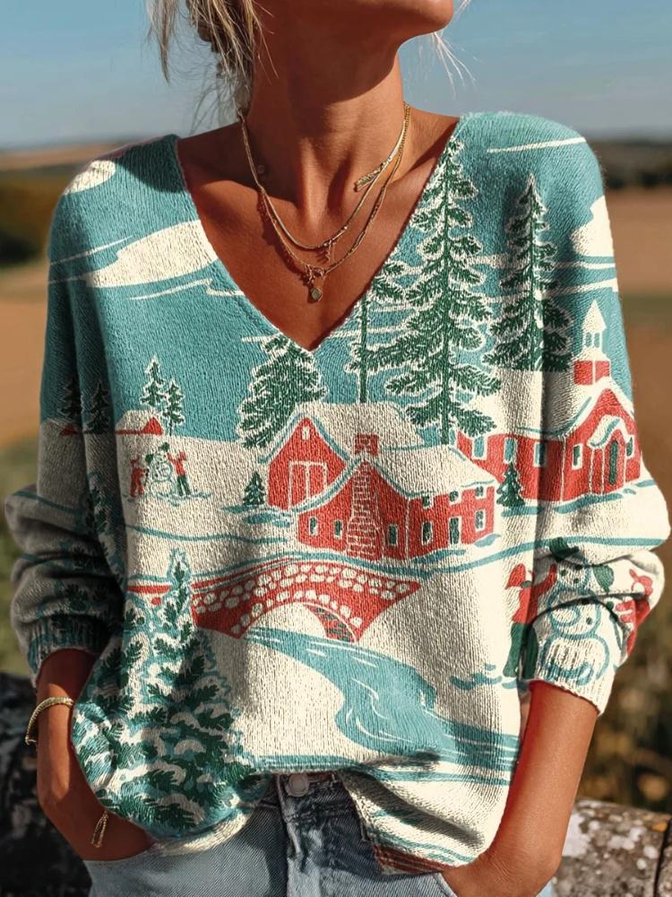 Women's Christmas Village Snow Scene Art Print V-neck Casual Pullover Sweater