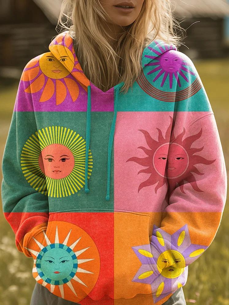 Colorful Sunfloral Face Art Print Casual Hooded Sweatshirt With Pockets