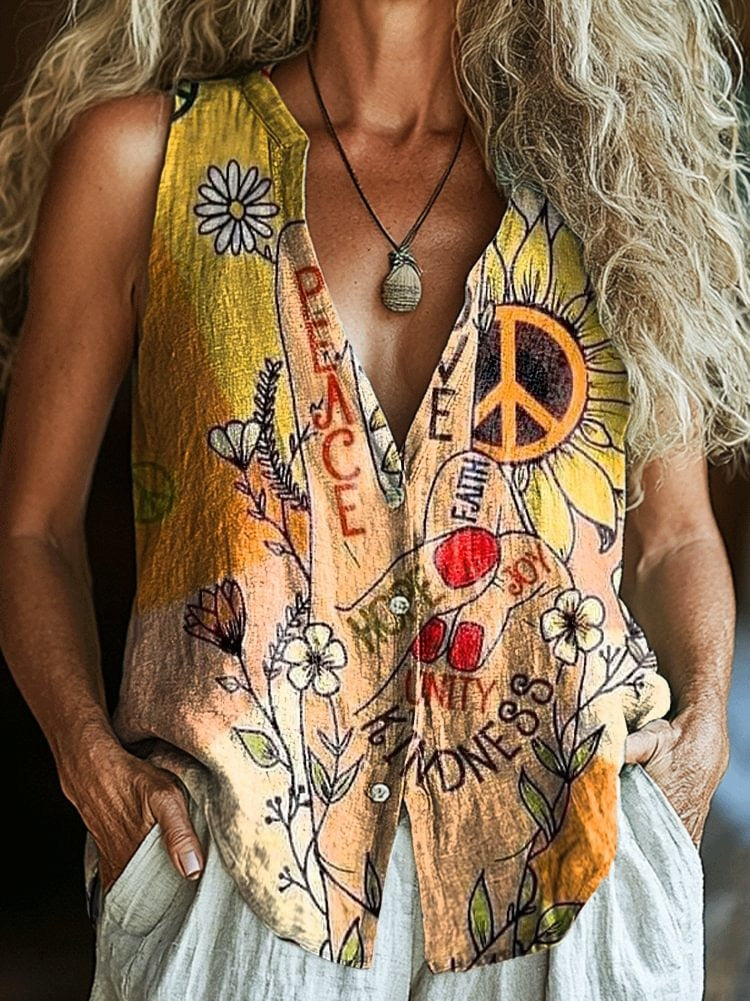 Retro Peace And Love Art Printed Sleeveless Cotton Crinkled Shirt