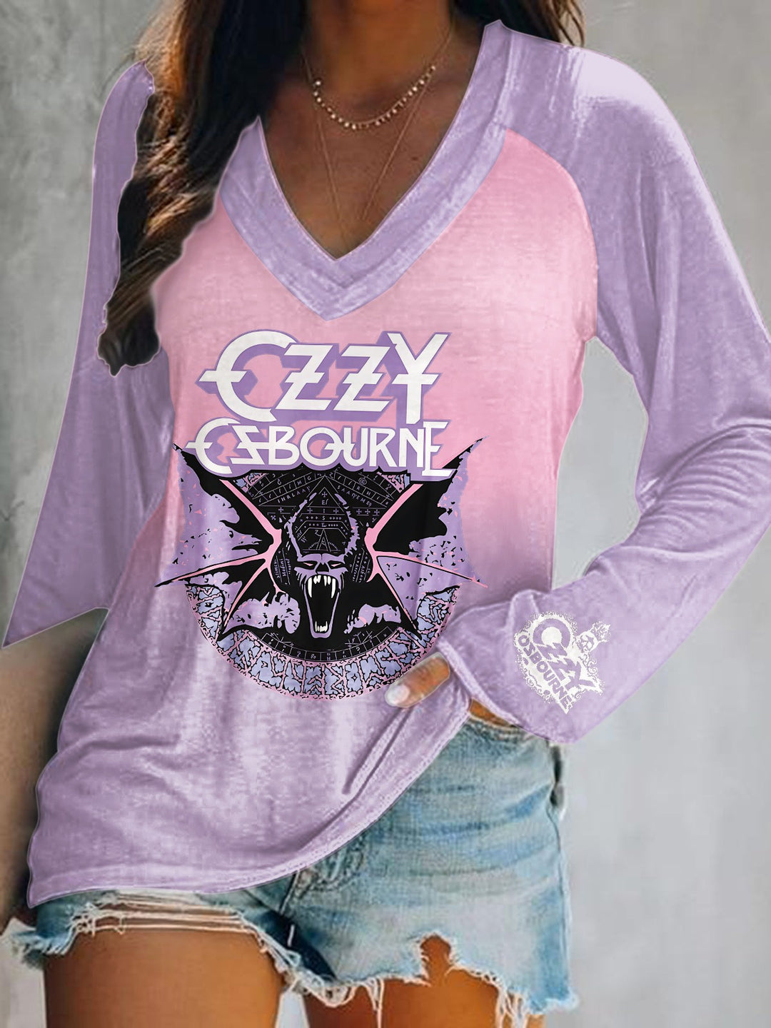 Ozzy Osbourne Print V-Neck Long Sleeve Top