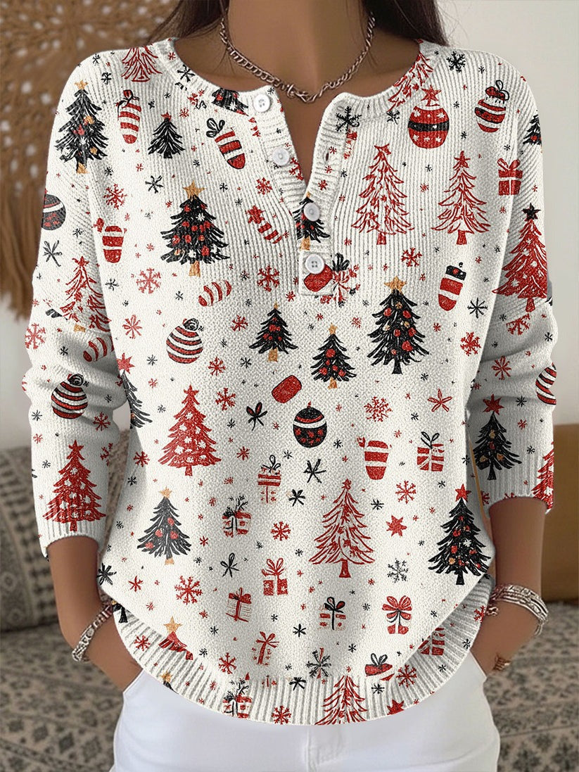 Vintage Christmas  Knitted Button Long-Sleeved Sweater