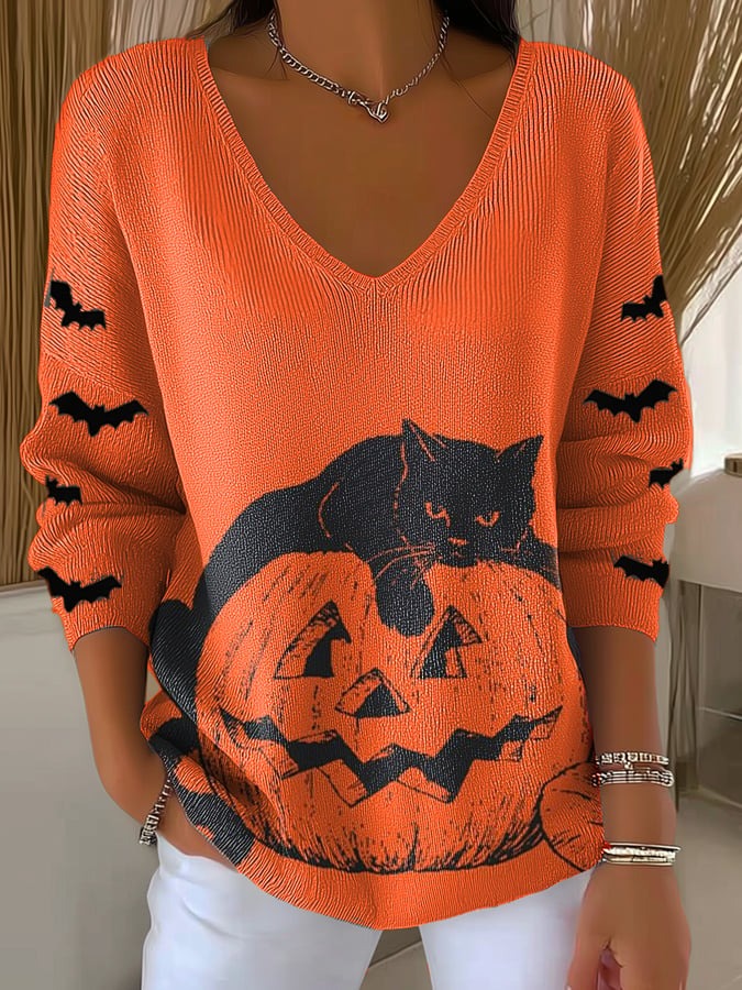 Women's Halloween Cat And Pumpkin Casual Pullover Sweater