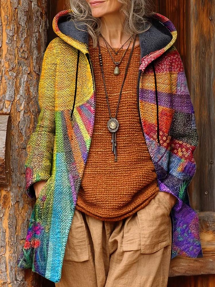 Unisex Bohemian Patchwork Sun Pattern Art Print Fleece-Lined Thickened Long-Sleeve Knit Cardigan Jacket