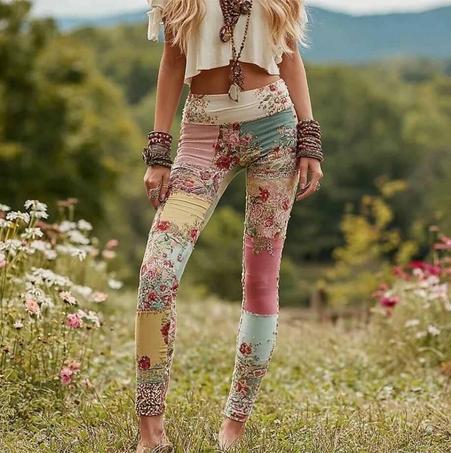 Vintage Collage Floral Art Pattern Comfortable Knit Leggings