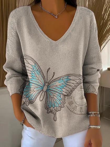 Women's Simple Butterfly Casual V Neck Pullover Sweater