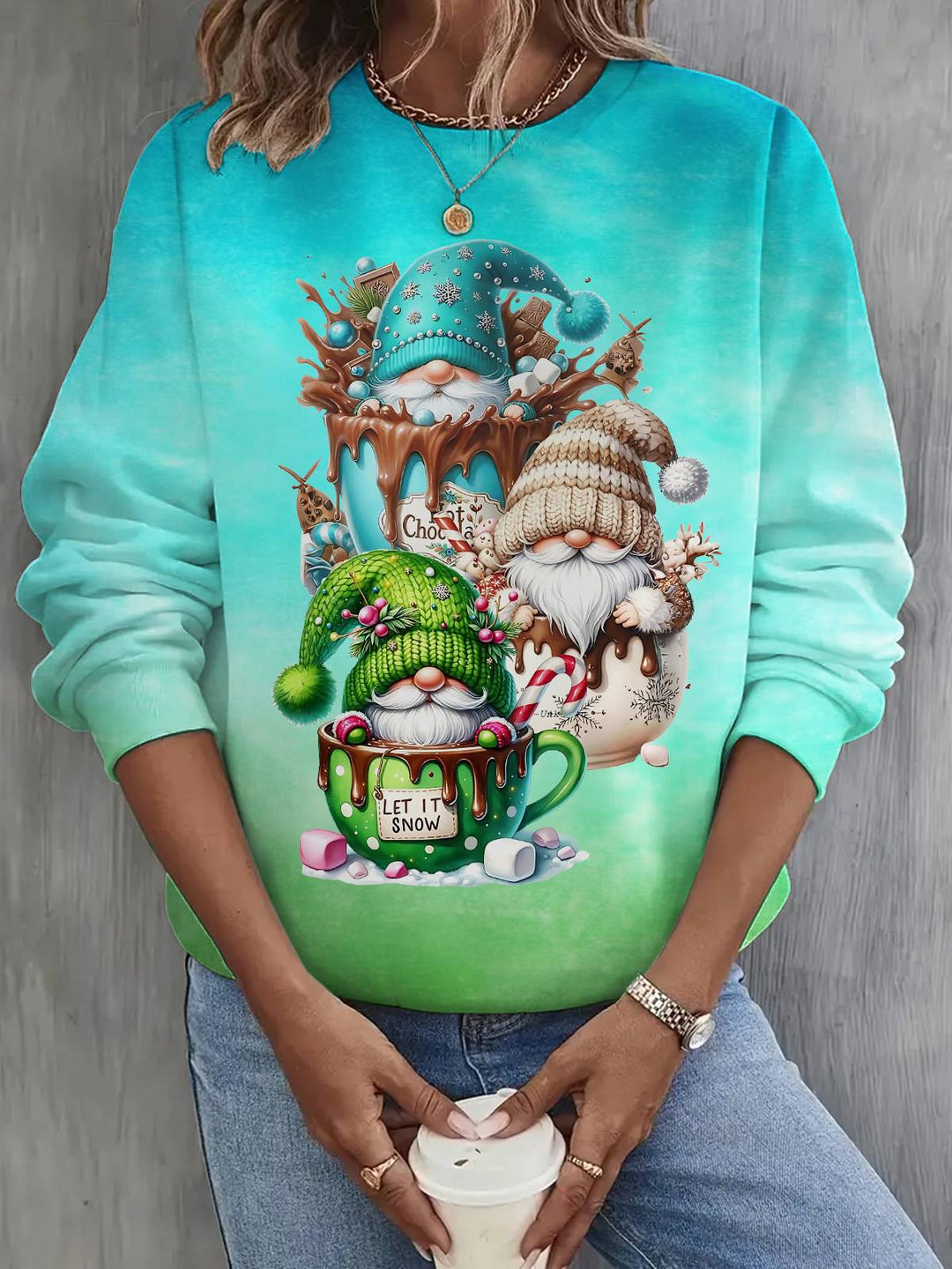 Winter Gnome Printed Long Sleeve Casual Top