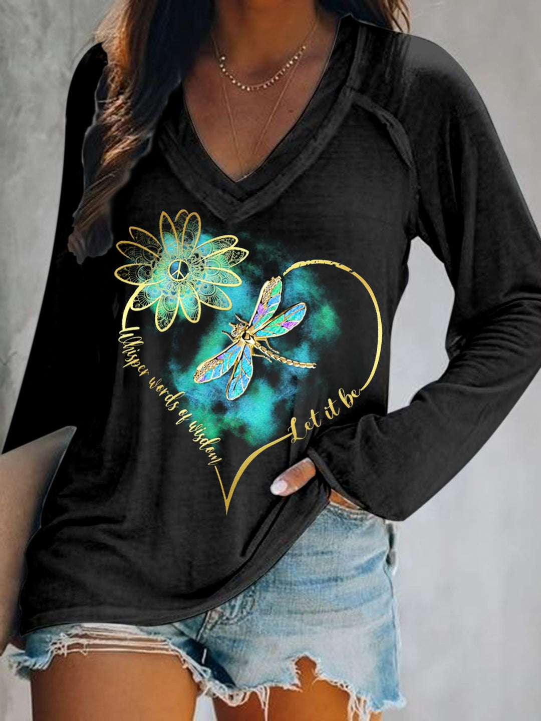 Let It Be Daisy Dragonfly Art Print V-Neck Long Sleeve Top