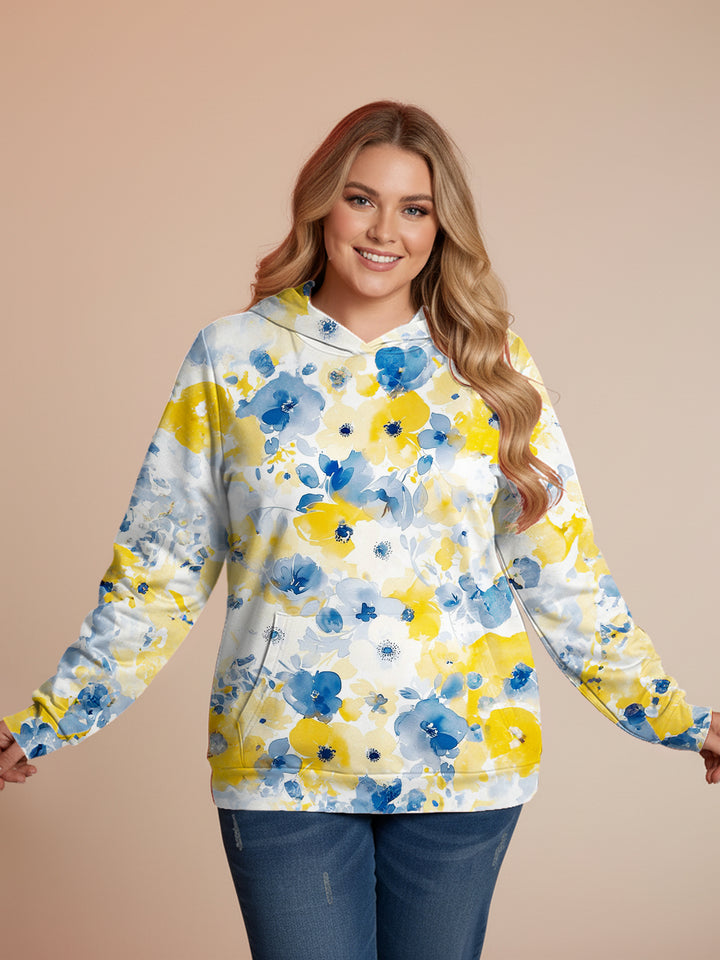 Yellow And Blue Floral Print Solid Hoodie
