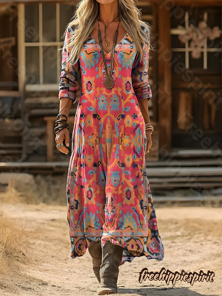 Women's Retro Ethnic Art Pattern Print V Neck Cotton Dress