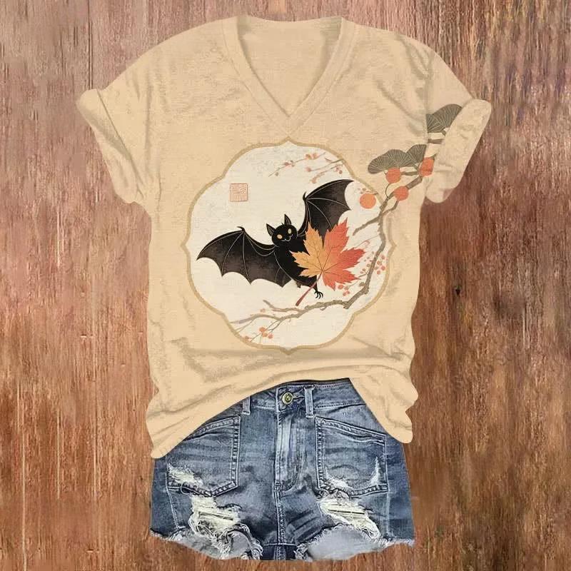 Halloween Bat Print V-neck T-Shirt
