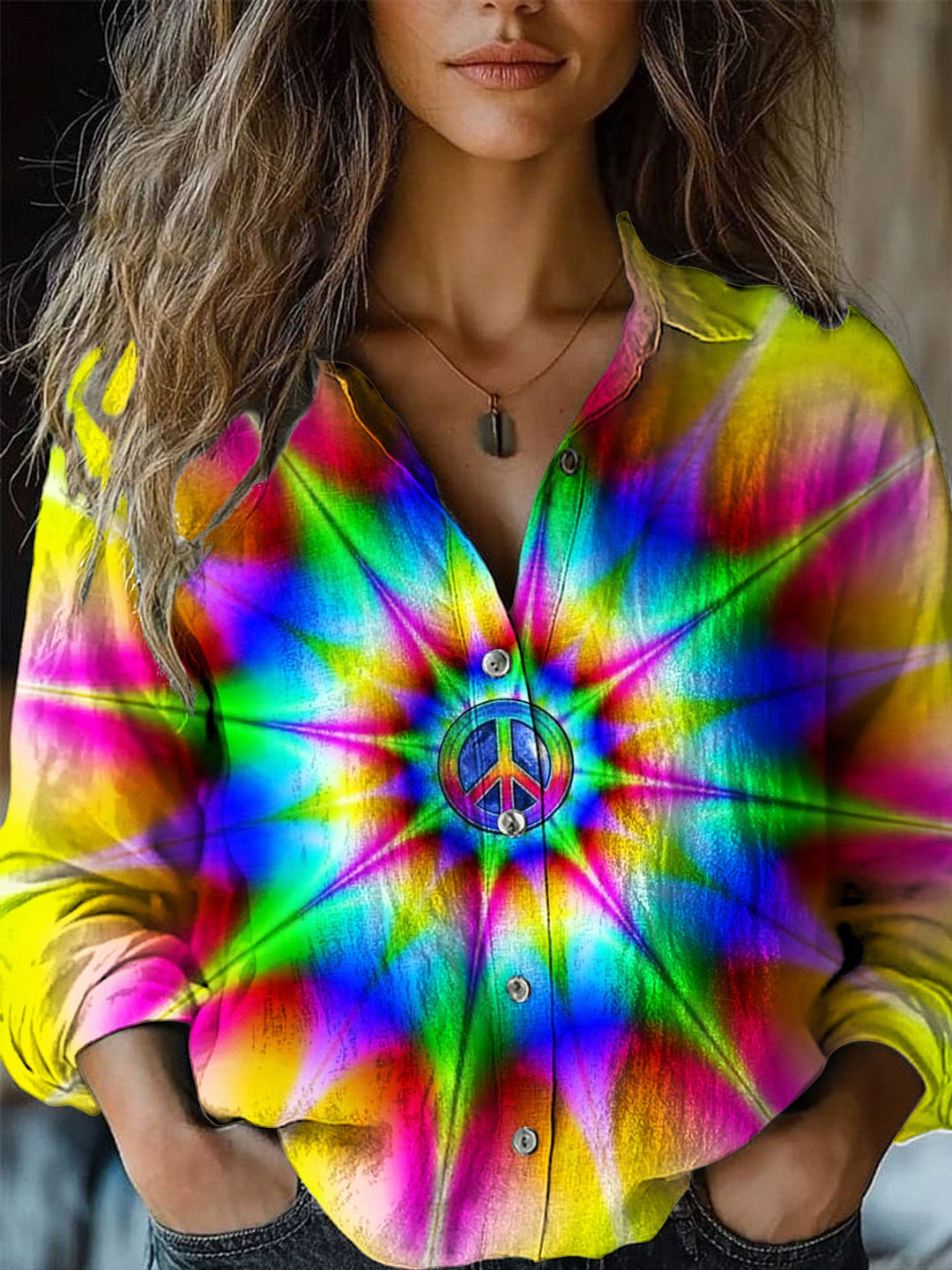 Gradient Kaleidoscope Hippie Peace Art Women's Printed Casual Shirt