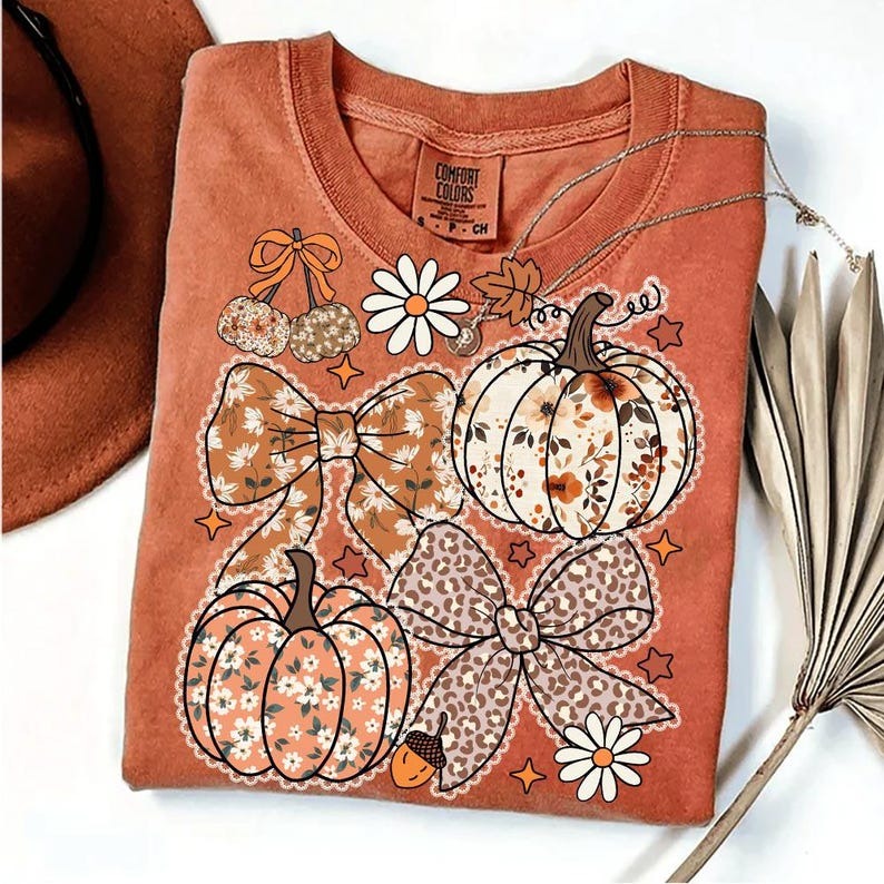 Fall Floral Pumpkin Print Cotton Casual T-shirt