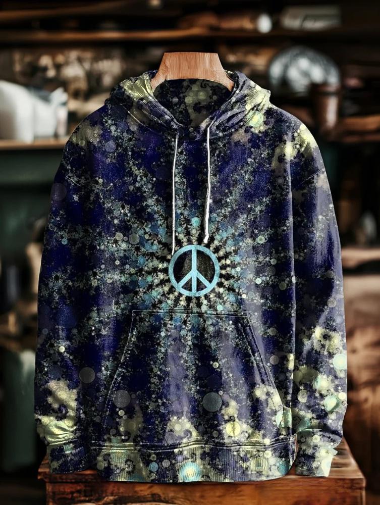 Unisex Retro Dark Blue Peace Hippie Casual Printed Hooded Sweatshirt with Pockets